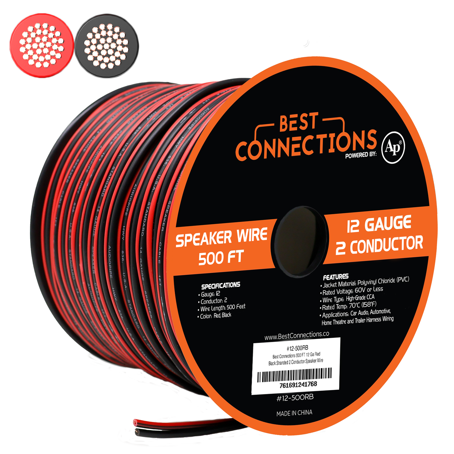 Audiopipe 12 Gauge 500' Feet Red Black Bonded 2 Way Speaker Wire Stranded Home Audio