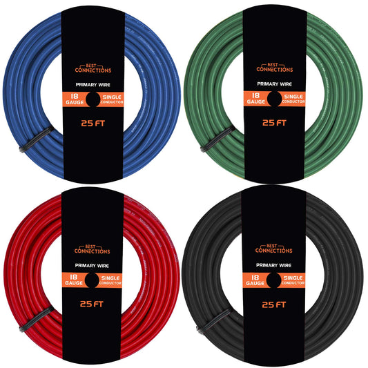 Best Connections 18 Gauge Car Audio Primary Wire (25ft–4 Rolls)– Remote, Power/Ground Electrical