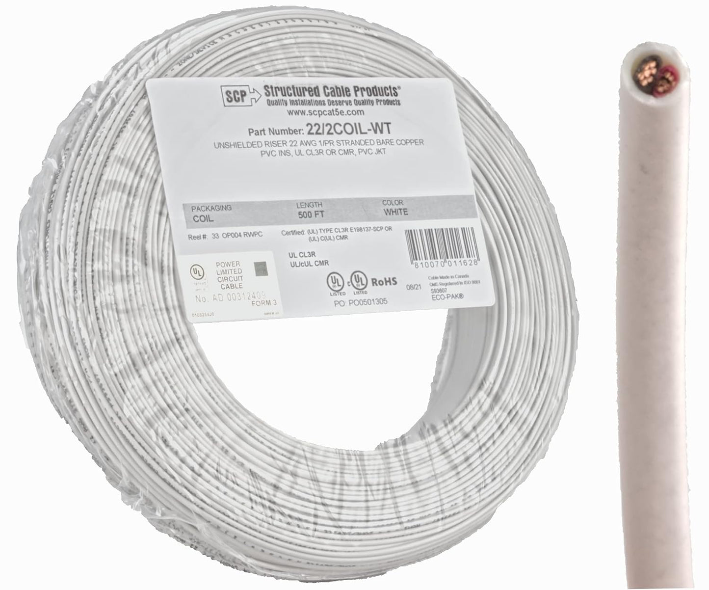 22 Gauge Stranded Copper Alarm Wire 2 Conductor 500 Feet Cable Coil Pack UL Rated
