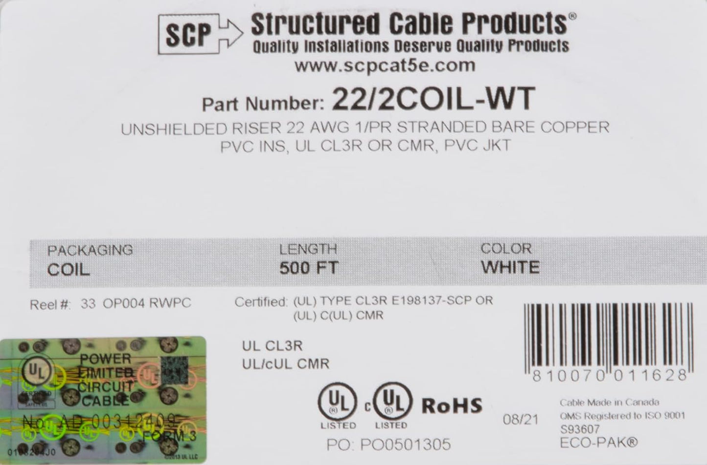 22 Gauge Stranded Copper Alarm Wire 2 Conductor 500 Feet Cable Coil Pack UL Rated