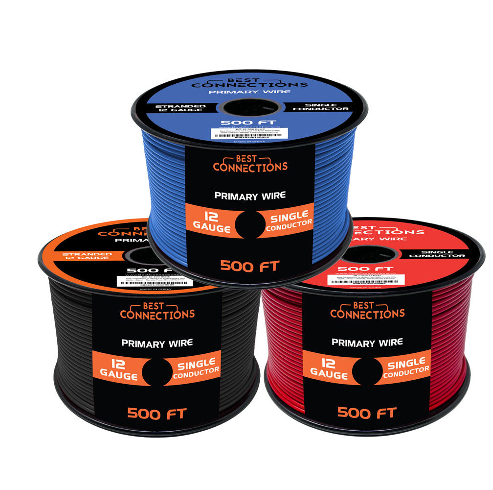 BEST CONNECTIONS 12 Gauge Automotive Primary Wire (500ft Each 3 Color Bundle Set) | Ideal for Trailers, and Lighting Circuits | Durable Primary/Remote, Power/Ground Electrical Wiring