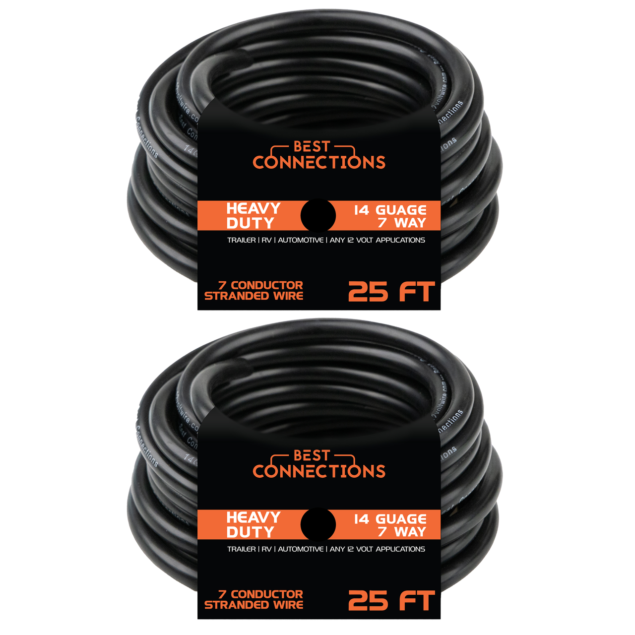 2-pack 14 ga 7-Way Insulated Trailer Wire Harness 25' FT Stranded Copper