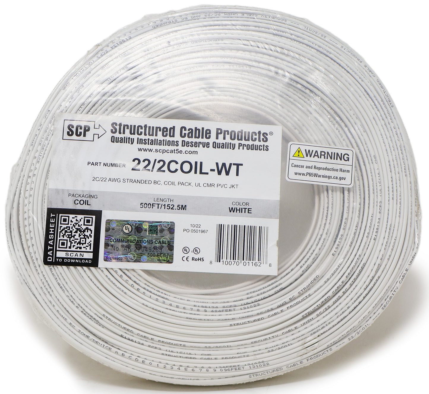22 Gauge Stranded Copper Alarm Wire 2 Conductor 500 Feet Cable Coil Pack UL Rated