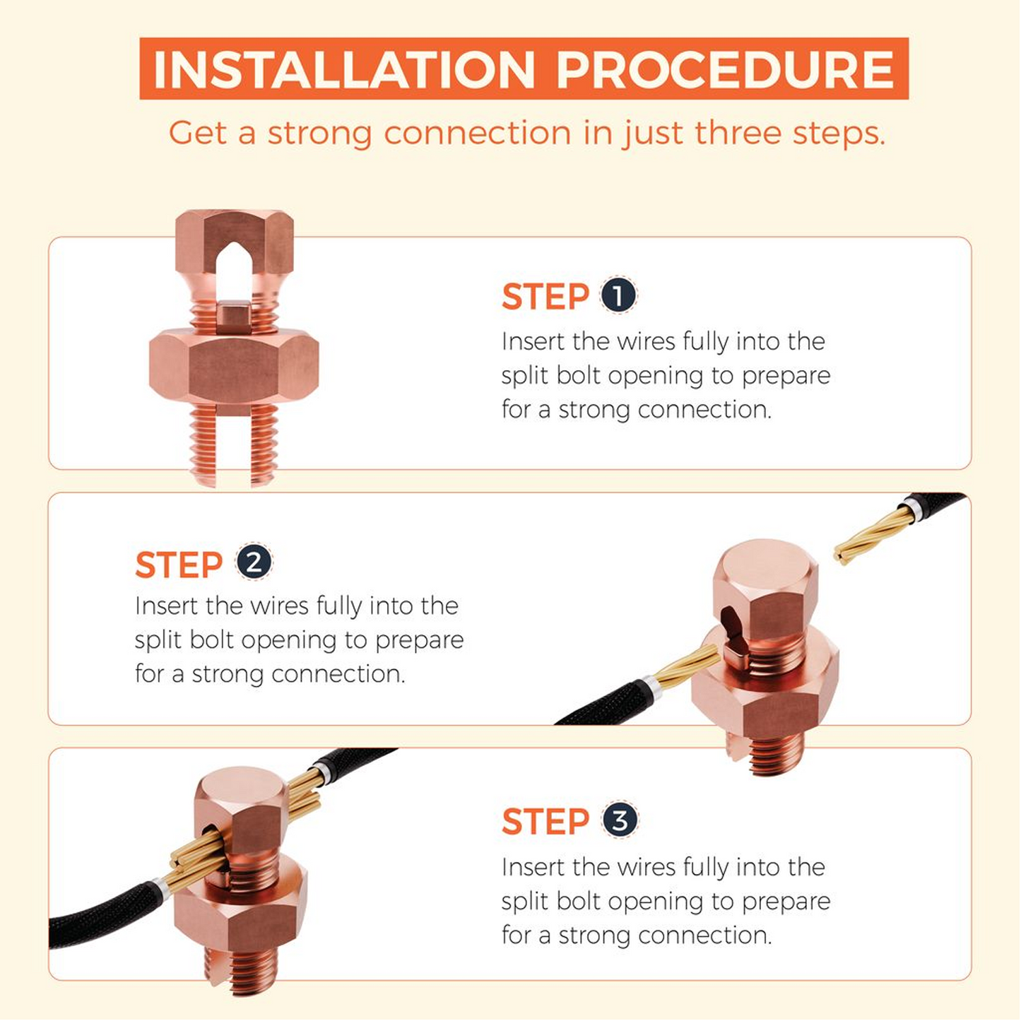 BEST CONNECTIONS 50 Pack High Strength Copper Split Bolt Connectors 4 Gauge to 8 Gauge for Solid Wire