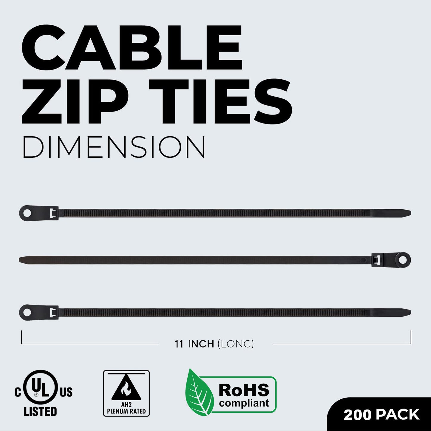 Best Connections 200 Pieces 11" Screw Down Nylon Cable Zip Ties Mounting Hole 50 Lbs Test Black