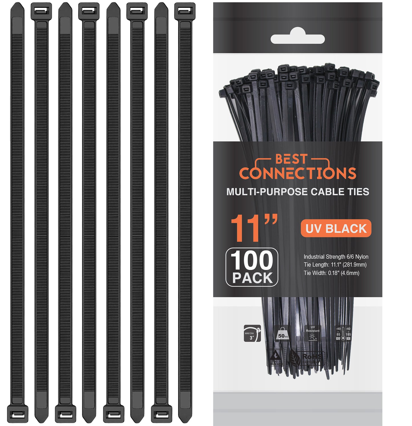 Best Connections 500 Pcs 11" Inch Black Nylon Cable Zip Ties 50 Lbs Tensile Strength Heavy Duty