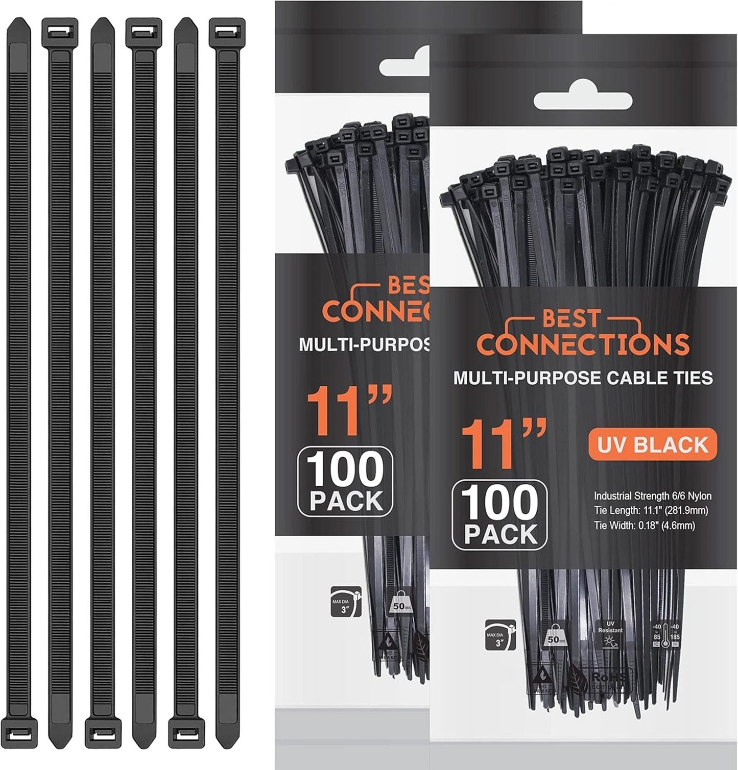 Best Connections 200 Pieces Black 11" Inch Nylon Cable Straps Zip Ties Wire