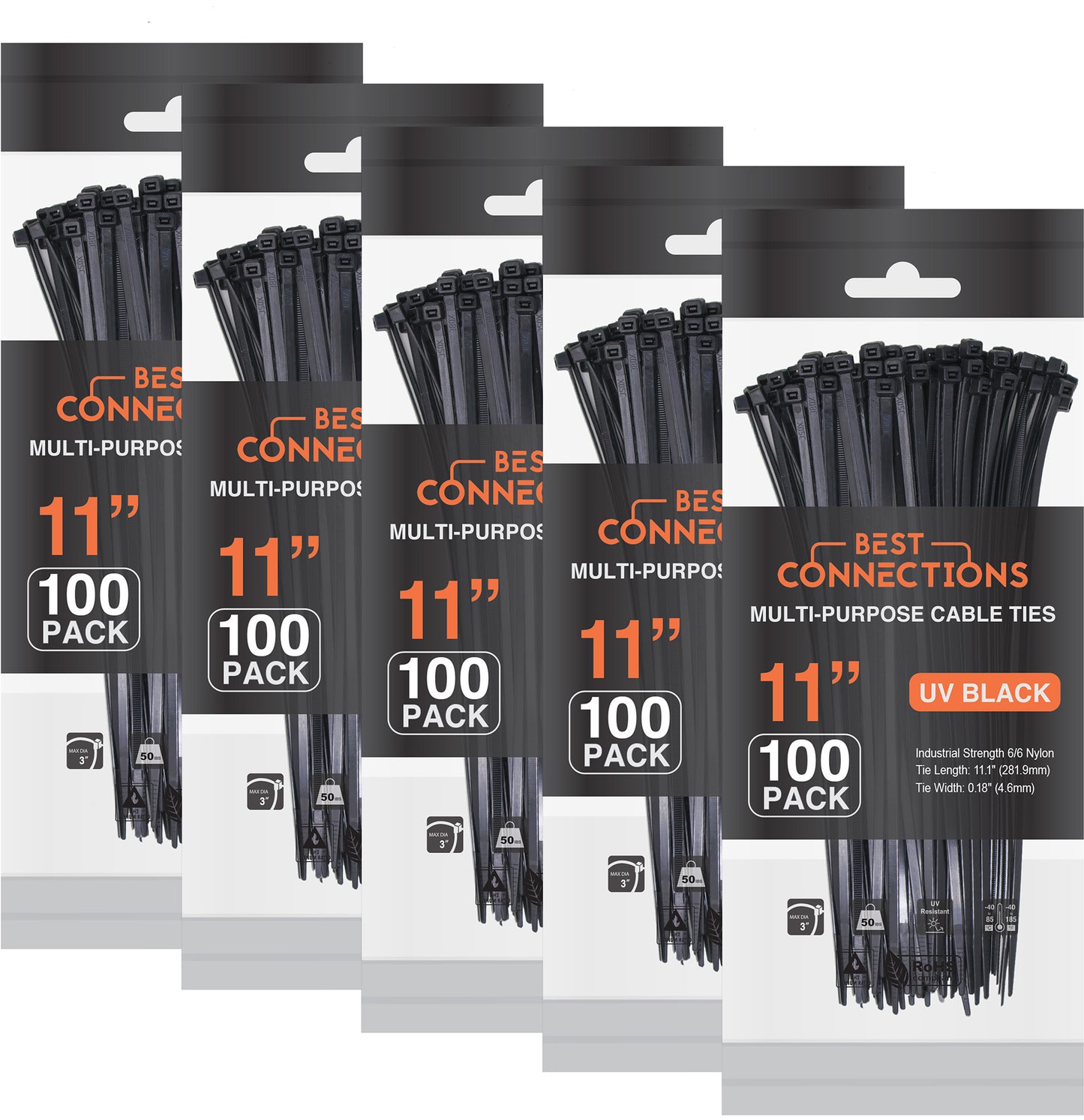 Best Connections 500 Pcs 11" Inch Black Nylon Cable Zip Ties 50 Lbs Tensile Strength Heavy Duty