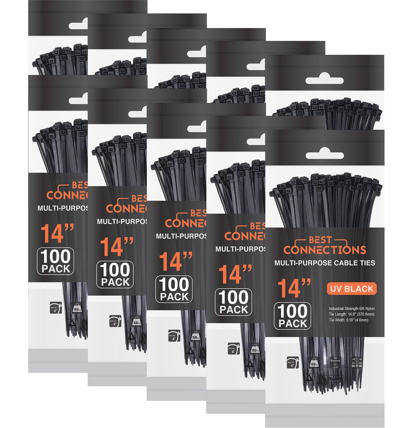 Best Connections 1000 Pieces 14" Black Nylon Cable Straps Zip Ties Wire 50 Lbs Tensile Strength