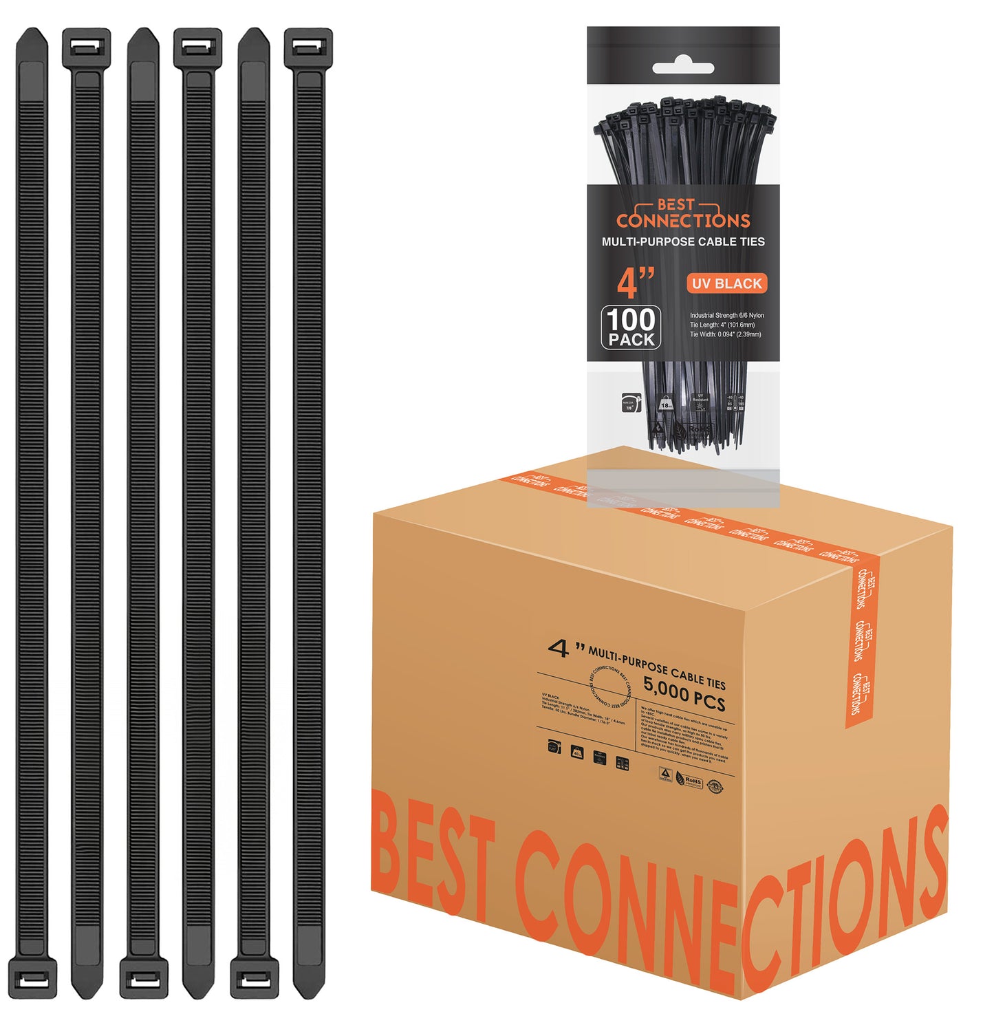 Best Connections 5,000 Pieces 4" UV Black Nylon Cable Straps Zip Ties 18 Lbs Tensile Strength