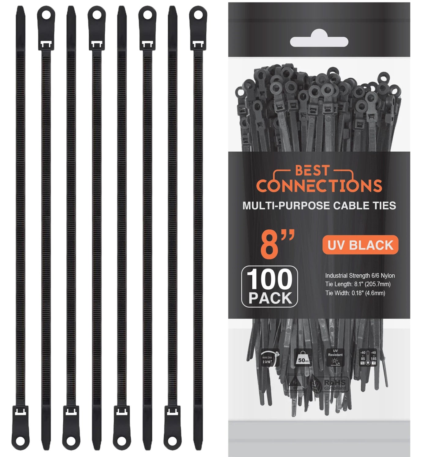 Best Connections 10,000 Pieces 8" Screw Down Nylon Cable Zip Ties Mounting Hole 50 Lbs Test Black