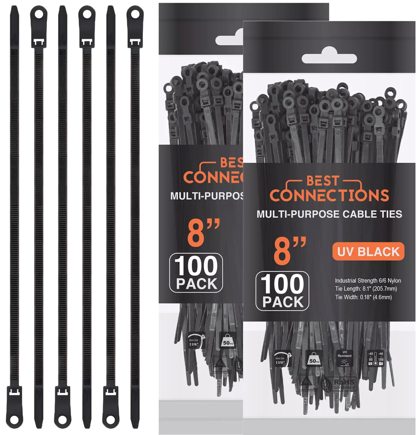 Best Connections 200 Pieces 8" Screw Down Zip Ties Mounting Hole Nylon 50 Lbs Test Black