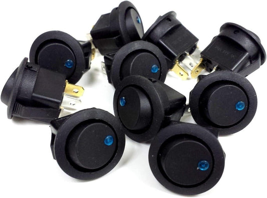 Black Round Rocker Switch with Blue LED 3 Prong Car SPST Toggle 10 Pack