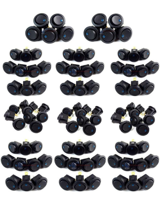 100 Pieces Blue LED Black Round Rocker Switch 12V On/Off Toggle SPST Switch