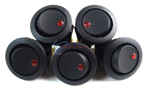 EC-1213 Black Round Rocker Switch with Red LED 3 Prong Car SPST Toggle 5 Pack