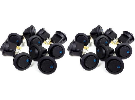 20 Pack 12 Volt Round Rocker Switches with Blue LED On Off Car Automotive