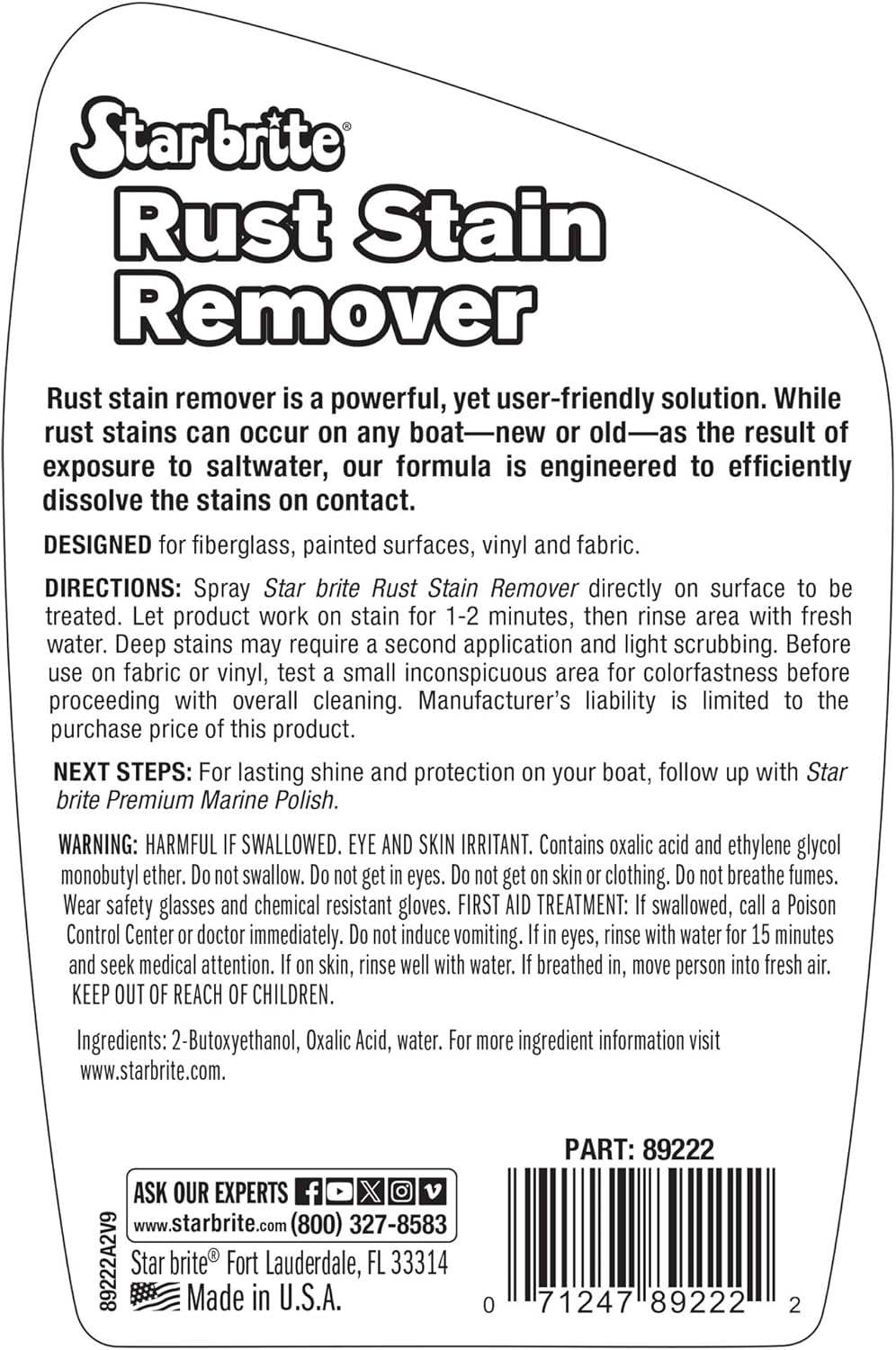 Rust Stain Remover Spray 22 oz Good For Fiberglass Metal Painted Surfaces StarBrite 89222