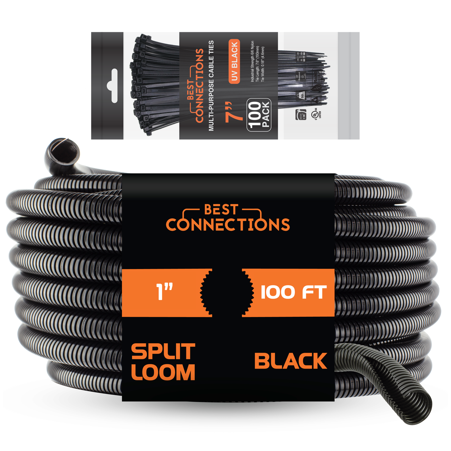 Best Connections 100 Ft 1" Split Wire Loom Tubing - 100 Pcs 7" Nylon Zip Ties Combo (Black)