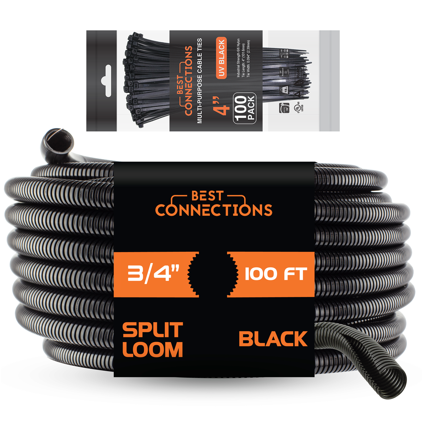 Best Connections 100 Ft 3/4" Split Wire Loom Tubing - 100 Pcs 4" Nylon Zip Ties Combo (Black)