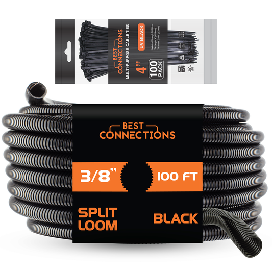 Best Connections 100 Ft 3/8" Split Wire Loom Tubing - 100 Pcs 4" Nylon Zip Ties Combo (Black)
