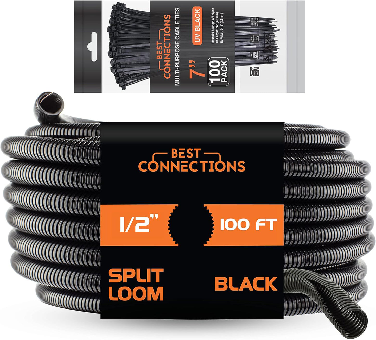 Best Connections 100 Ft 1/2" Split Wire Loom Tubing Combo 100 Pcs 7" Nylon Cable Zip Ties
