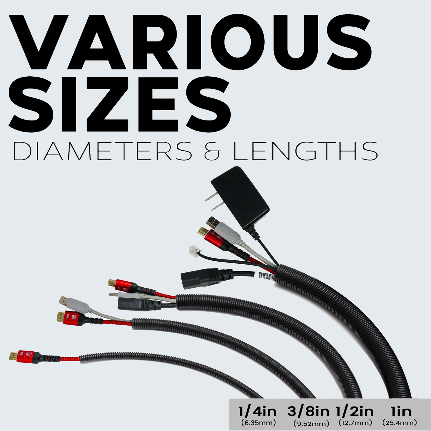 Best Connections Split Loom 1/4" 3/8" 1/2" Black 20 Ft Wire Harness Wrap Cover Sleeve Conduit