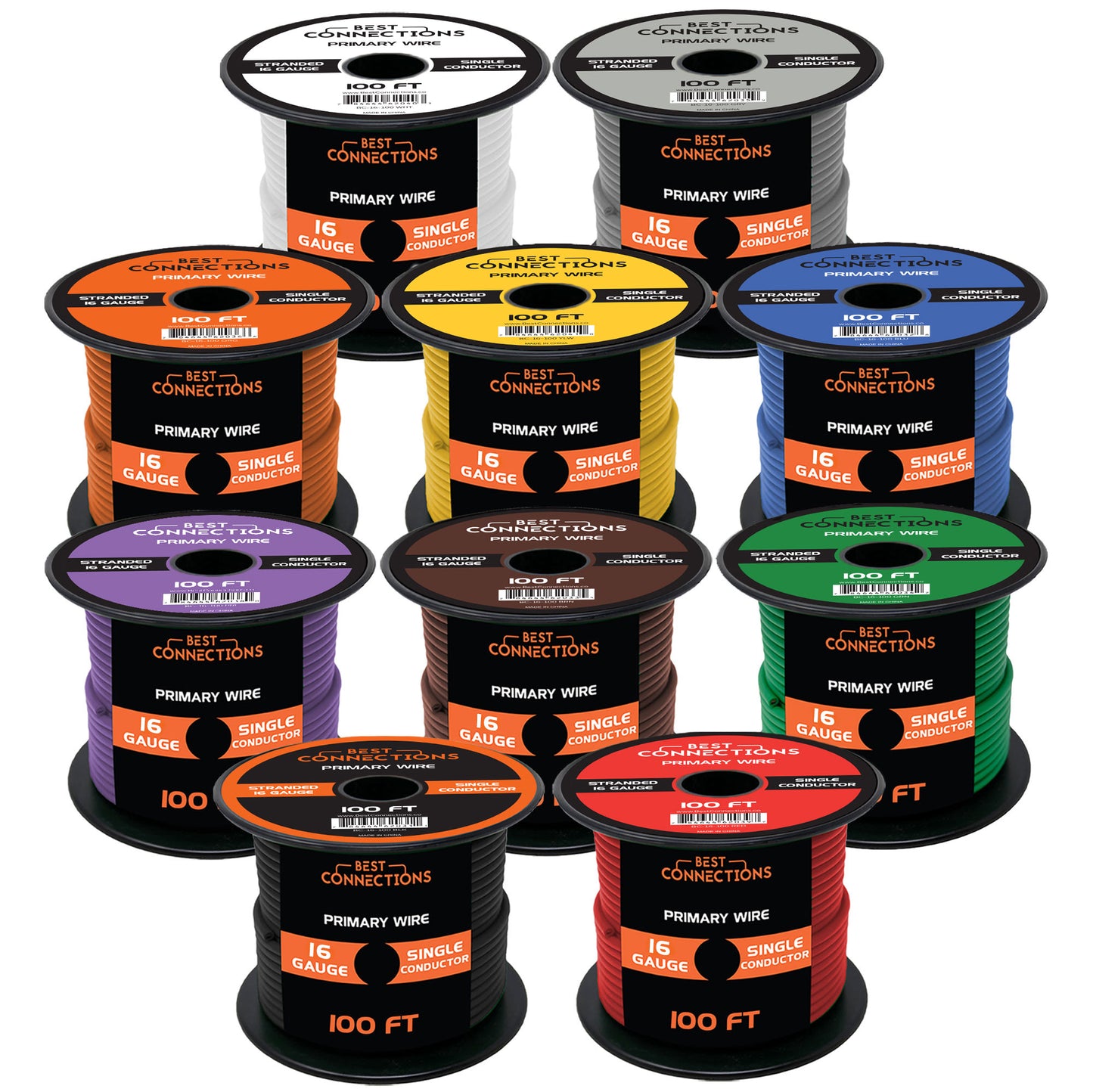 Best Connections 16 Gauge Car Audio Primary Wire (100ft–10 Rolls)– Remote, Power/Ground Electrical