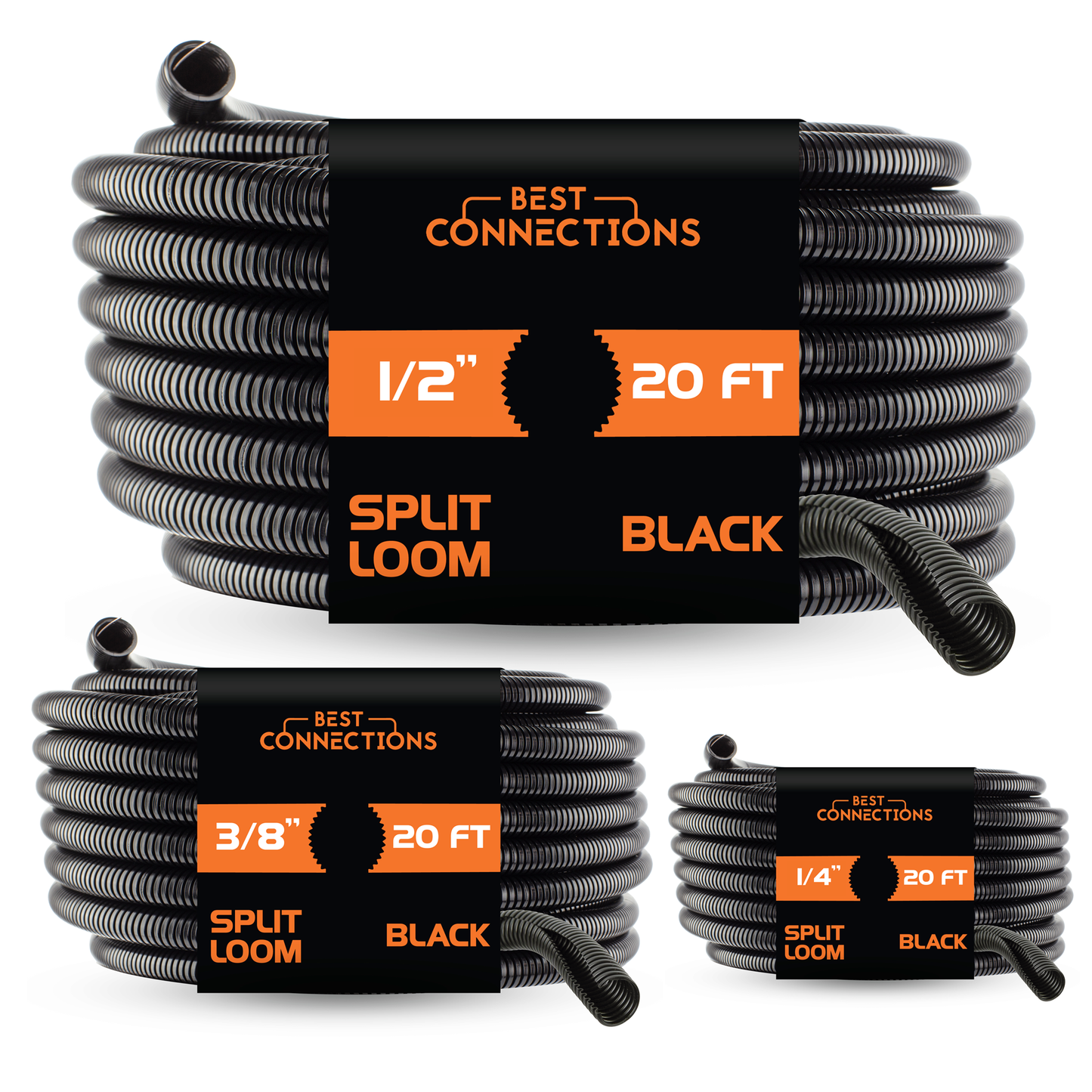 Best Connections Split Loom 1/4" 3/8" 1/2" Black 20 Ft Wire Harness Wrap Cover Sleeve Conduit