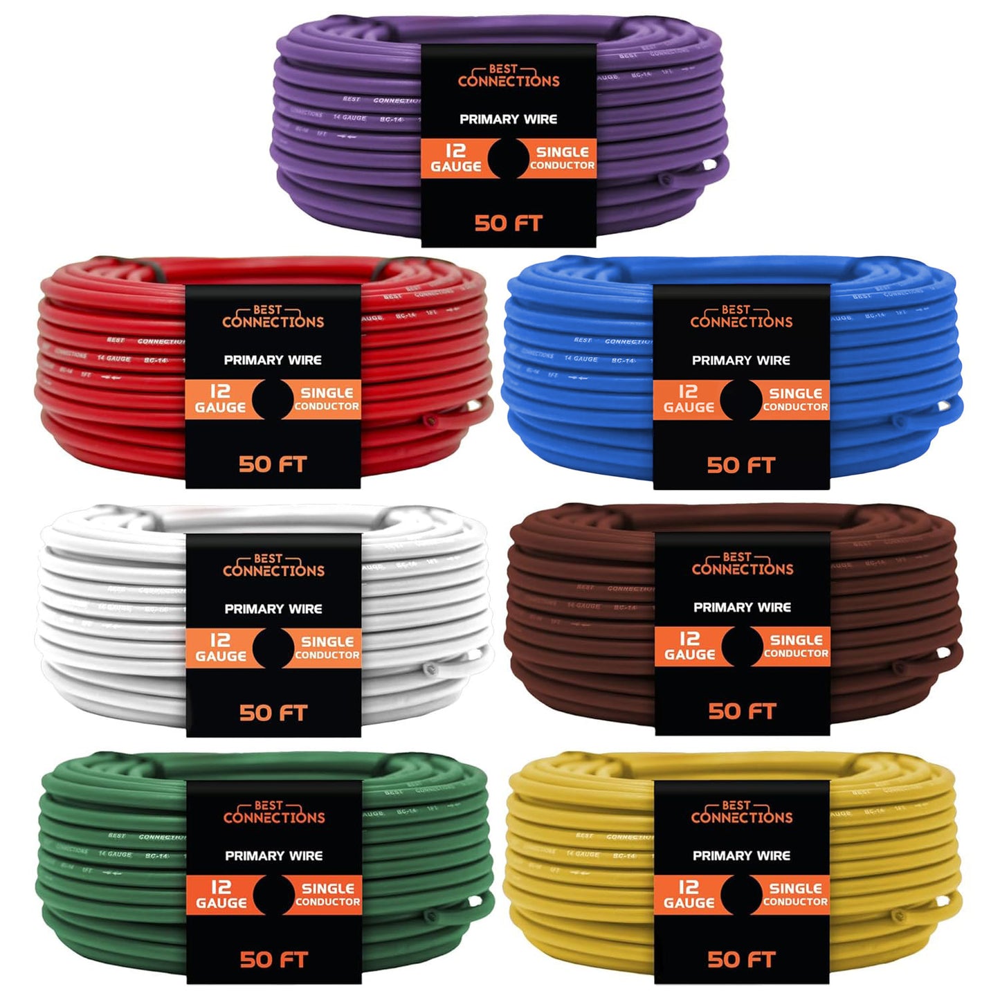 Best Connections 12 Gauge Car Audio Primary Wire (50ft–7 Rolls)– Remote, Power/Ground Electrical -350ft. Total