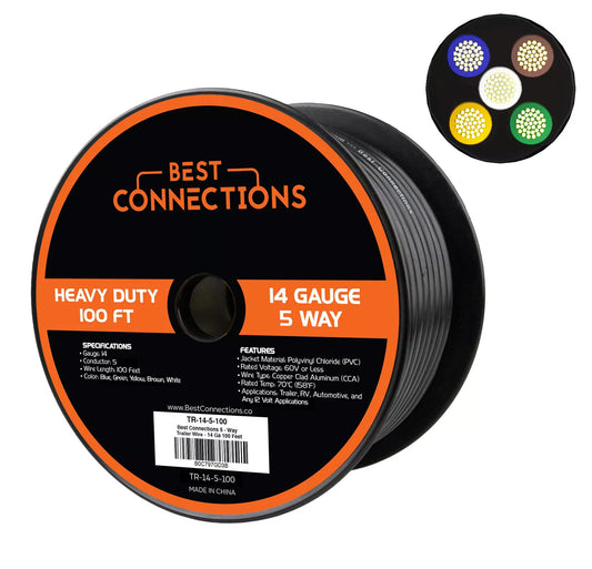 5 Way Trailer Wire (100 Feet) – Heavy Duty 14 Gauge 5 Conductor Insulated RV TR-14-5-100