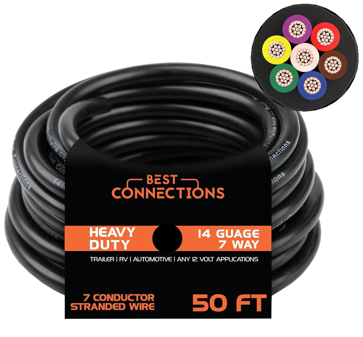7 Way Trailer Wire (50 Feet) – Heavy Duty 14 Gauge 7 Conductor Insulated RV TR-14-7-50