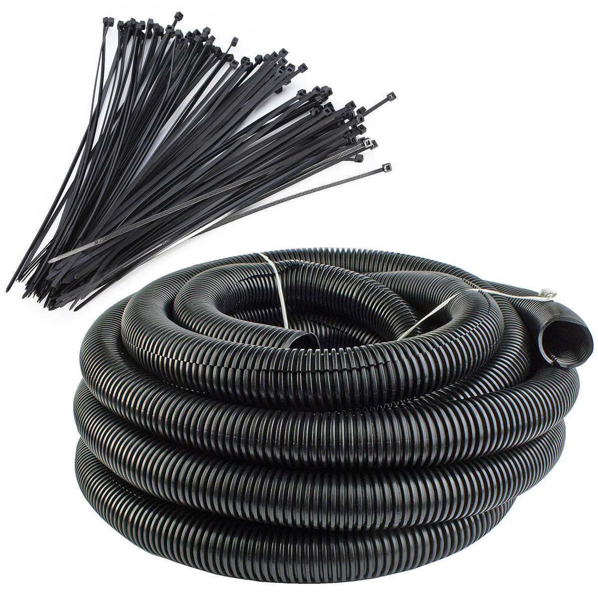 Best Connections 100 Ft 1" Split Wire Loom Tubing - 100 Pcs 7" Nylon Zip Ties Combo (Black)