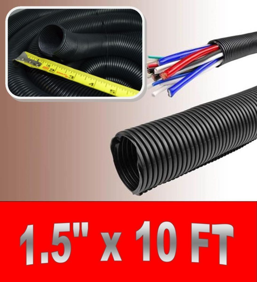 1.5" x 10' BLACK SPLIT LOOM TUBING Wire & Hose Cover Polyethylene Audio Video