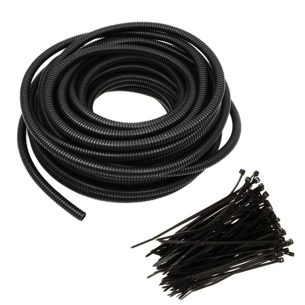 Best Connections 100 Ft 1/4" Split Wire Loom Tubing - 100 Pcs 4" Nylon Zip Ties Combo (Black)