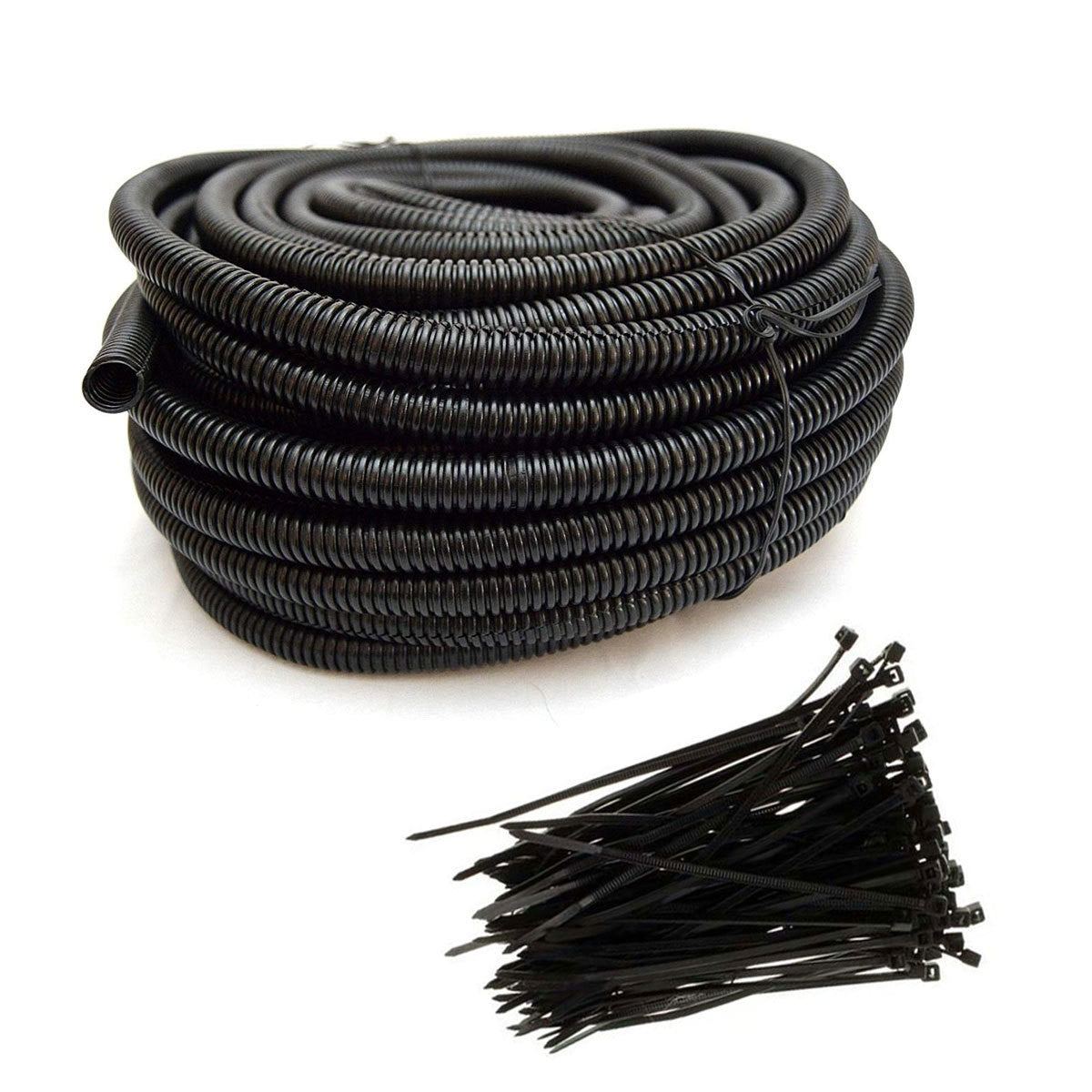 Best Connections 100 Ft 3/8" Split Wire Loom Tubing - 100 Pcs 4" Nylon Zip Ties Combo (Black)