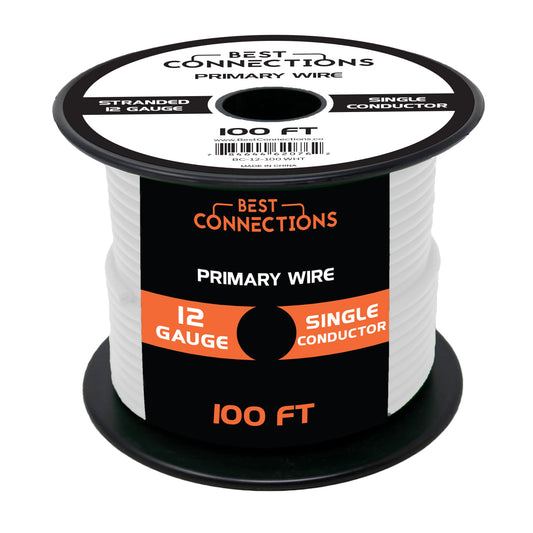 12 Gauge Car Audio Primary Wire (100ft–White)– Remote, Power/Ground Electrical