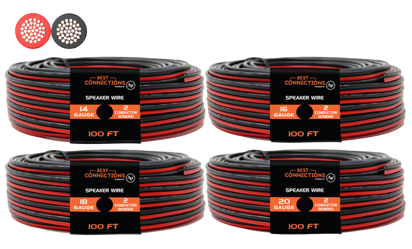 4 Pack 14, 16, 18, 20 gauge 100 Feet each Red Black Stranded Speaker Wire Zip- 400 ft. Total