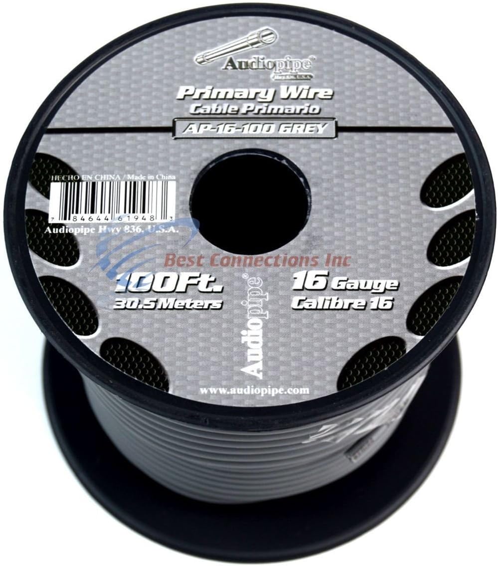 Audiopipe 16 Gauge Car Audio Primary Wire (100ft–Gray)– Remote, Power/Ground Electrical