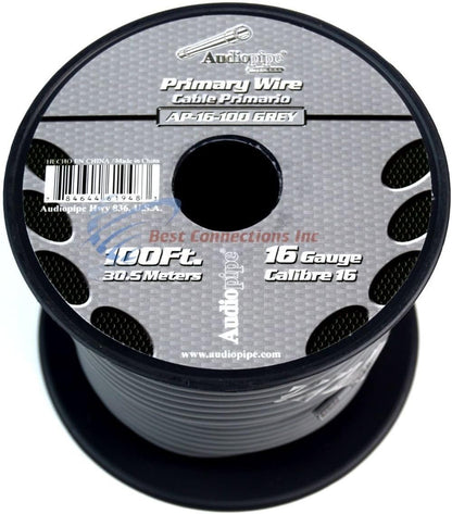 Audiopipe 16 Gauge Car Audio Primary Wire (100ft–Gray)– Remote, Power/Ground Electrical
