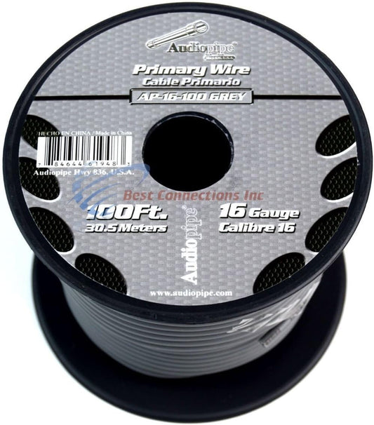 Audiopipe 16 Gauge Car Audio Primary Wire (100ft–Gray)– Remote, Power/Ground Electrical