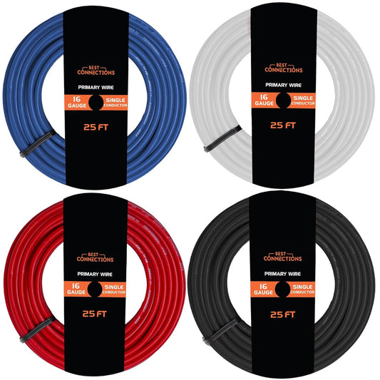 16 Gauge Car Audio Primary Wire (25ft–4 Rolls)– Remote, Power/Ground Electrical