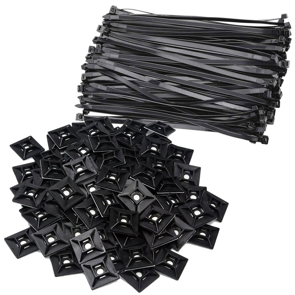 1" Self Adhesive Black Cable Zip Tie Mounts 100pcs with 7" Zip Ties - UV Protection Indoor/Outdoor Wire Fasteners Cable Ties Management Organizer