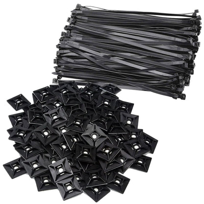 1" Self Adhesive Black Cable Zip Tie Mounts 100pcs with 7" Zip Ties - UV Protection Indoor/Outdoor Wire Fasteners Cable Ties Management Organizer