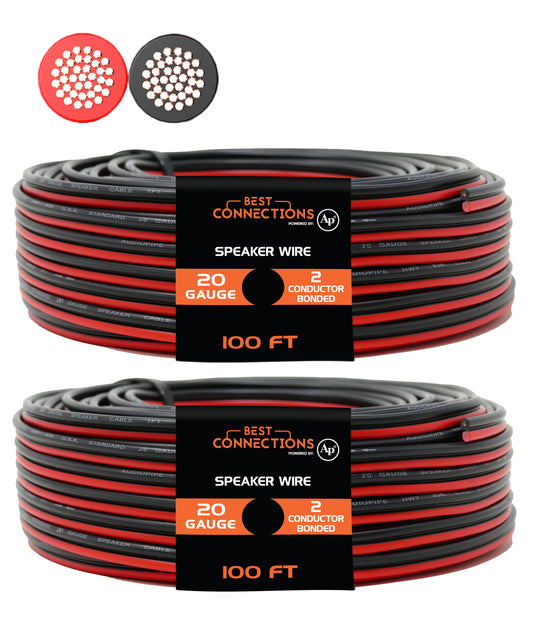 Best Connections 20 Gauge 100' Feet Red Black Bonded 2 Way Speaker Wire Stranded 2 Pack