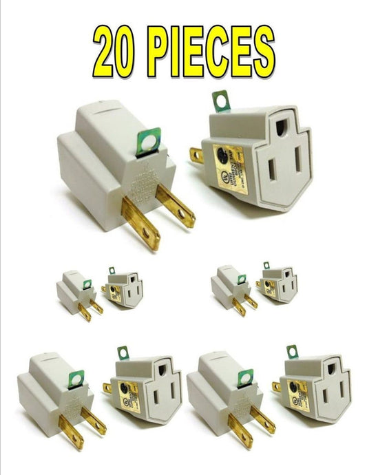 20 Pack 3 to 2 prong AC Polarized Grounding Power Plug Adapter ETL RATED GRAY