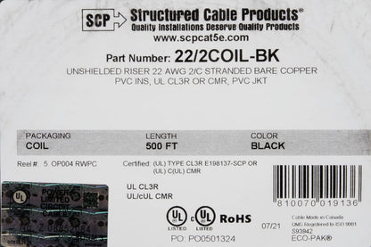 Best Connections 22 Ga 2 Conductor Stranded Alarm Wire 500ft Black UL Rated Coil Pack