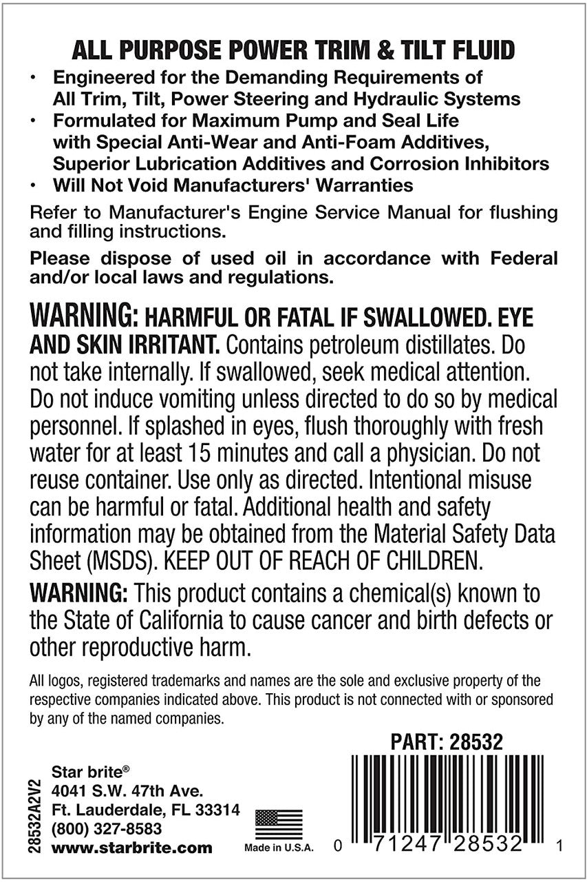 StarBrite PRO Star Power Trim & Tilt Fluid - Super Premium All Purpose Hydraulic Fluid for Trim Tabs, Power Tilt & Steering Systems - Anti-Wear, Anti-Foam - Outboard & Stern Drive Systems - 4 Pack