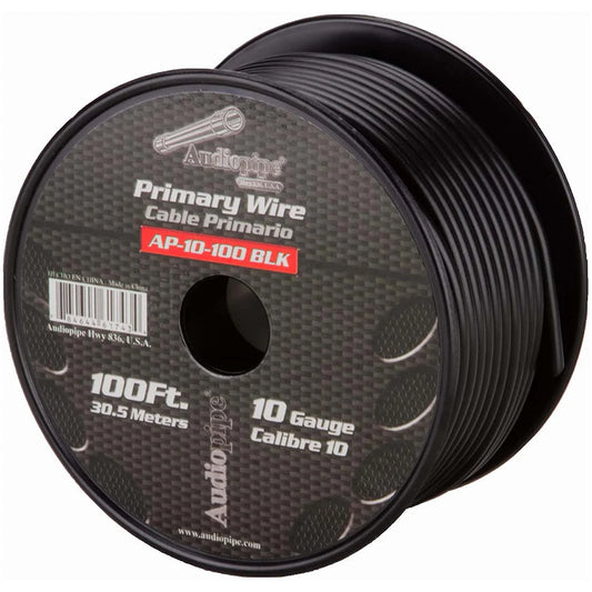 Audiopipe 10 Gauge Car Audio Primary Wire (100ft–Black)– Remote, Power/Ground Electrical