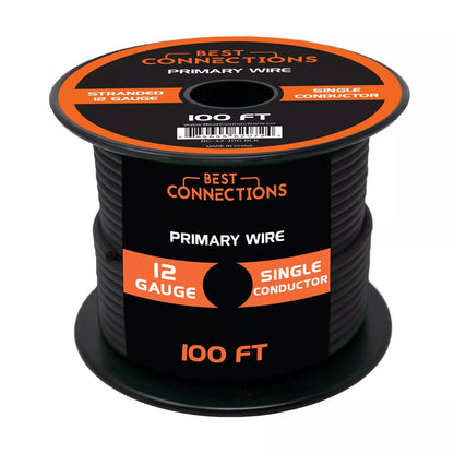 12 Gauge Car Audio Primary Wire (100ft–Black)– Remote, Power/Ground Electrical