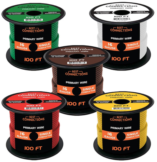 Audiopipe 16 Gauge Car Audio Primary Wire 100ft–5 Roll Set, Power/Ground Electrical